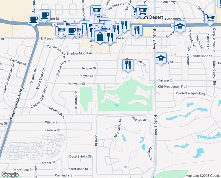 map of restaurants, bars, coffee shops, grocery stores, and more near 73607 18th Fairway Lane in Palm Desert