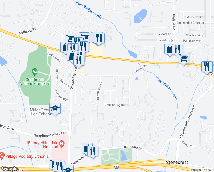 map of restaurants, bars, coffee shops, grocery stores, and more near 6077 Hillvale Road in Lithonia