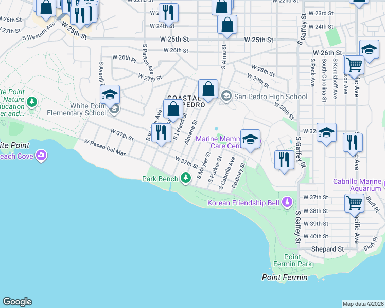 map of restaurants, bars, coffee shops, grocery stores, and more near 3639 South Emily Street in Los Angeles
