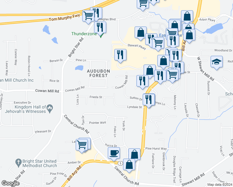 map of restaurants, bars, coffee shops, grocery stores, and more near 3386 Lyndale Street in Douglasville