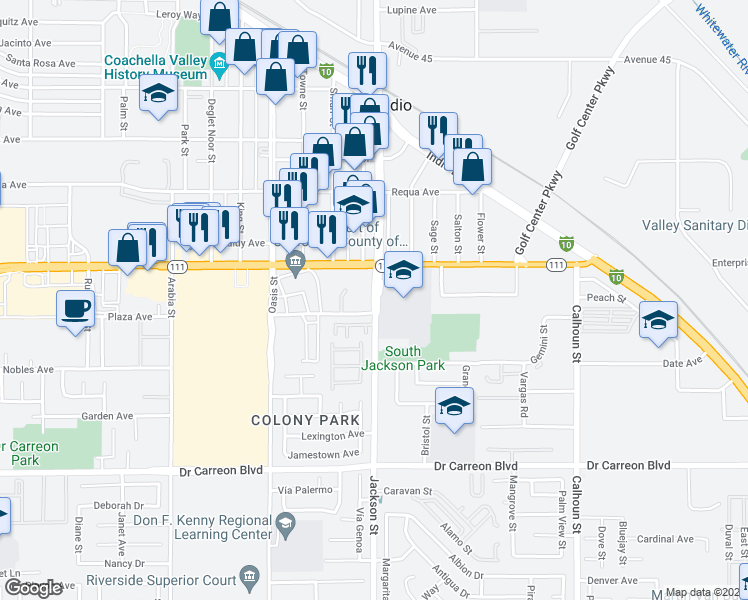 map of restaurants, bars, coffee shops, grocery stores, and more near Jackson Street in Indio