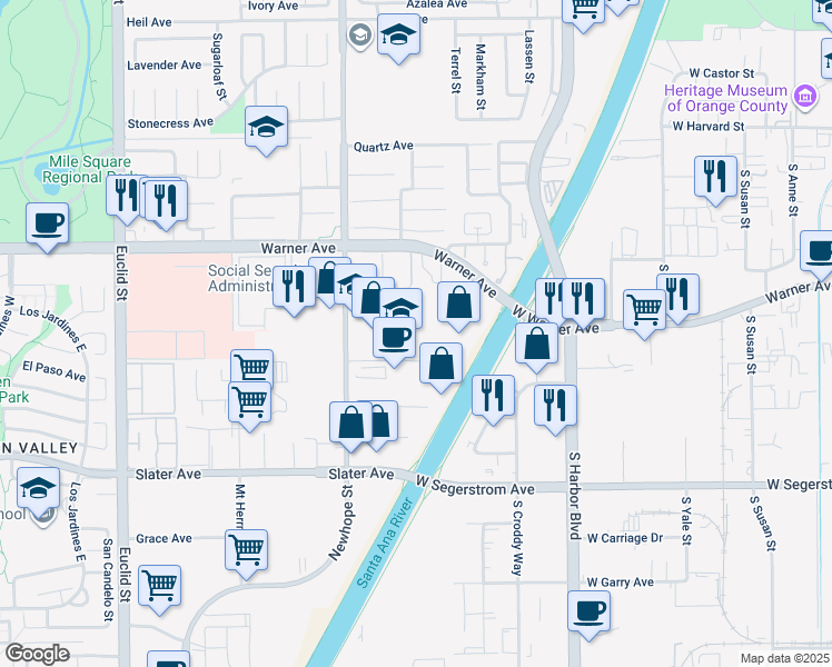 map of restaurants, bars, coffee shops, grocery stores, and more near 17200 Newhope Street in Fountain Valley