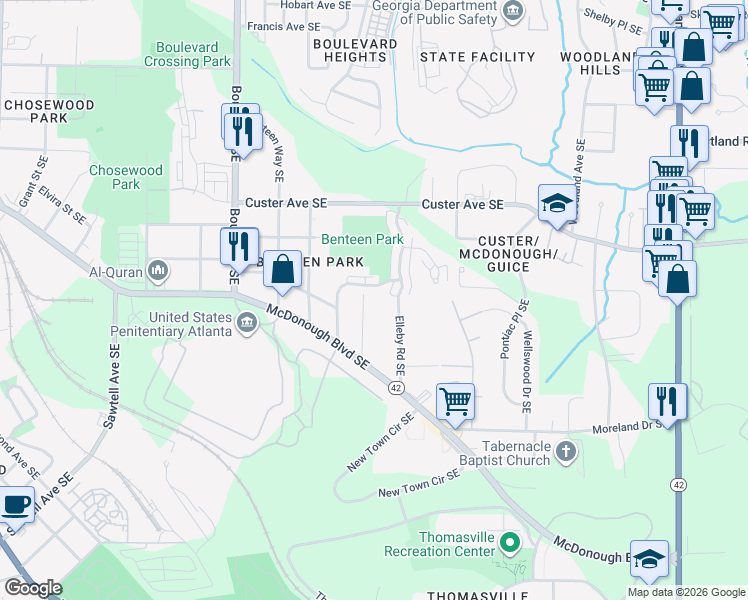 map of restaurants, bars, coffee shops, grocery stores, and more near 1371 Marion Street Southeast in Atlanta