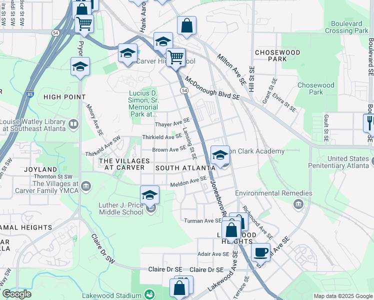 map of restaurants, bars, coffee shops, grocery stores, and more near 126 Brown Avenue Southeast in Atlanta