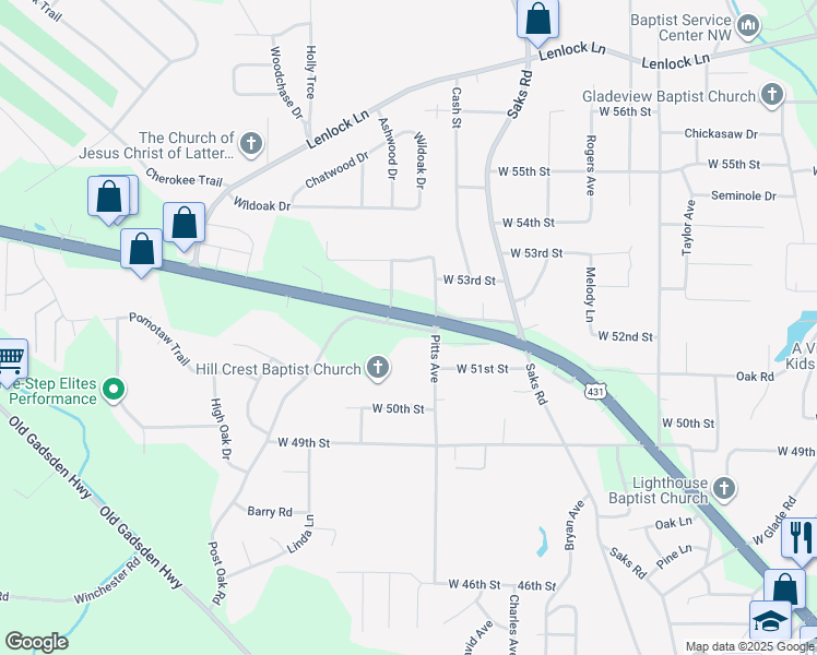 map of restaurants, bars, coffee shops, grocery stores, and more near 832 Frances Street in Anniston