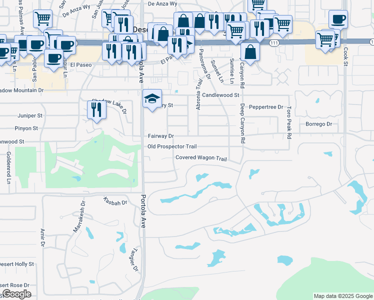map of restaurants, bars, coffee shops, grocery stores, and more near 74221 Old Prospector Trail in Palm Desert