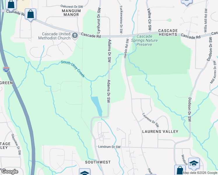 map of restaurants, bars, coffee shops, grocery stores, and more near Adams Drive Southwest in Atlanta
