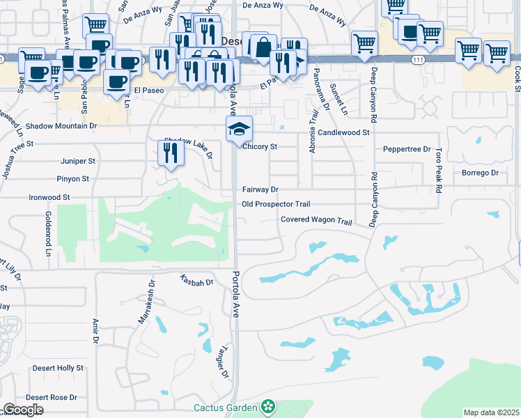 map of restaurants, bars, coffee shops, grocery stores, and more near 74085 Old Prospector Trail in Palm Desert