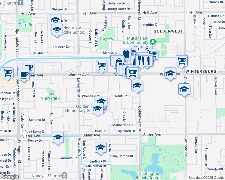 map of restaurants, bars, coffee shops, grocery stores, and more near 6762 Warner Avenue in Huntington Beach