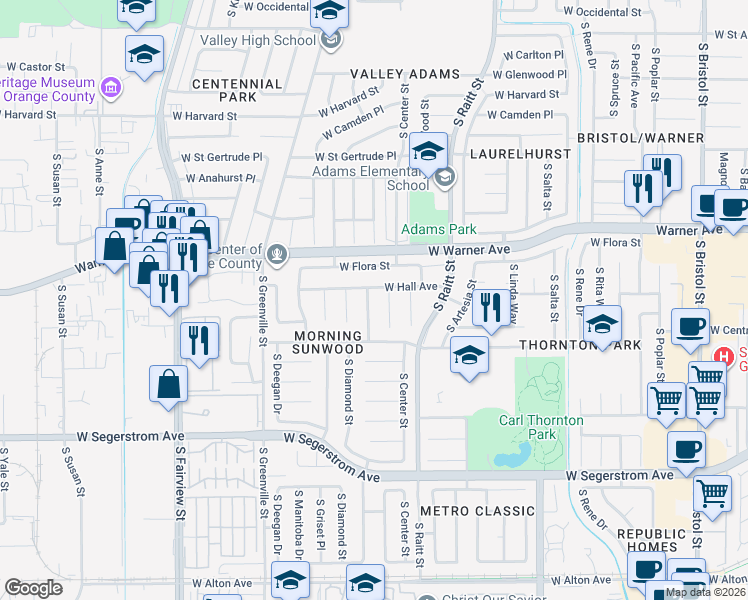 map of restaurants, bars, coffee shops, grocery stores, and more near 2509 South Townsend Street in Santa Ana