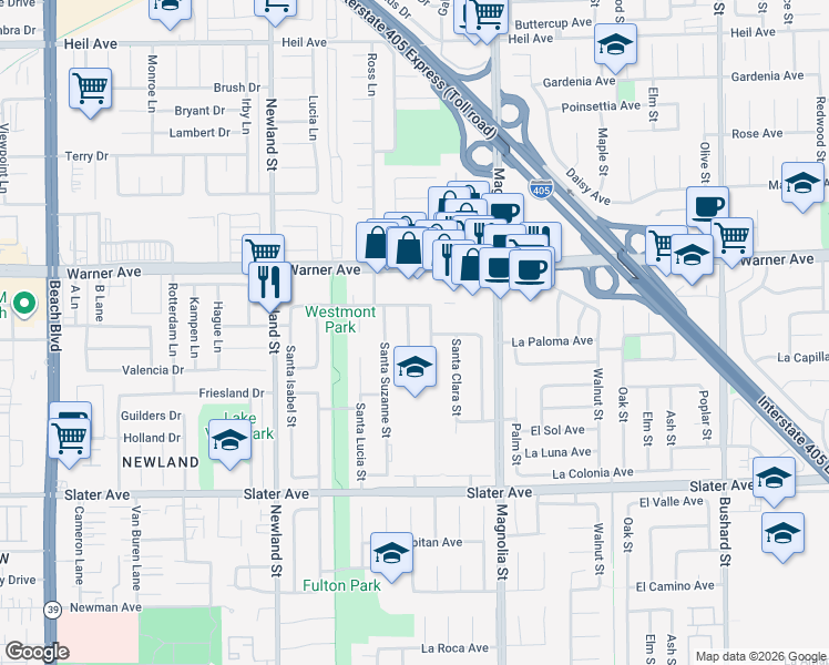 map of restaurants, bars, coffee shops, grocery stores, and more near 17148 Santa Catherine Street in Fountain Valley