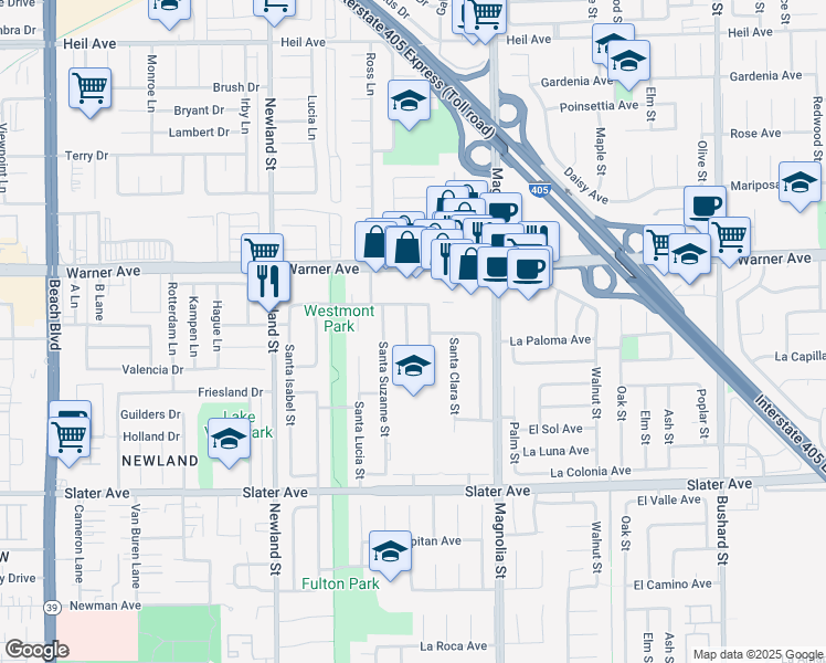 map of restaurants, bars, coffee shops, grocery stores, and more near 17148 Santa Catherine Street in Fountain Valley