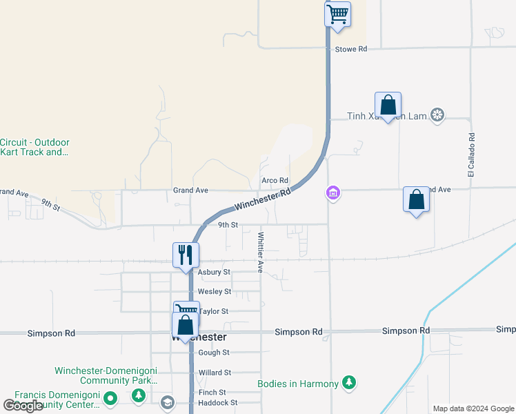 map of restaurants, bars, coffee shops, grocery stores, and more near 28100 Winchester Road in Winchester