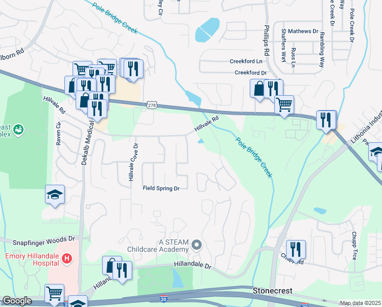 map of restaurants, bars, coffee shops, grocery stores, and more near 2481 Meadow Spring Drive in Lithonia