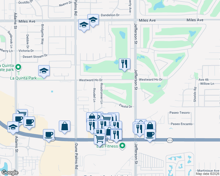 map of restaurants, bars, coffee shops, grocery stores, and more near 79820 Horseshoe Road in La Quinta