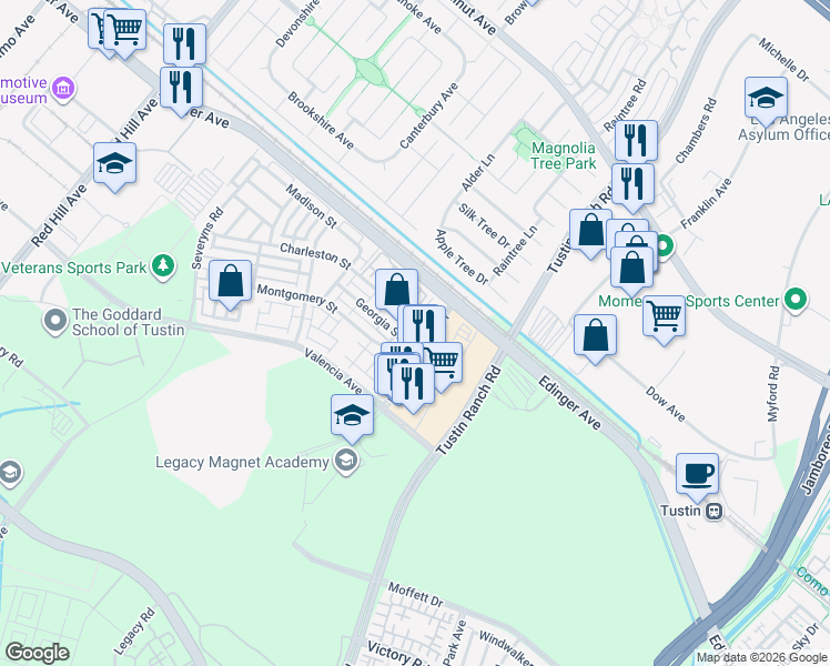 map of restaurants, bars, coffee shops, grocery stores, and more near 17101 Cambridge Way in Tustin
