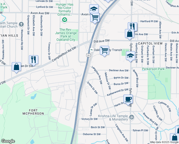 map of restaurants, bars, coffee shops, grocery stores, and more near 1514 Murphy Avenue Southwest in Atlanta