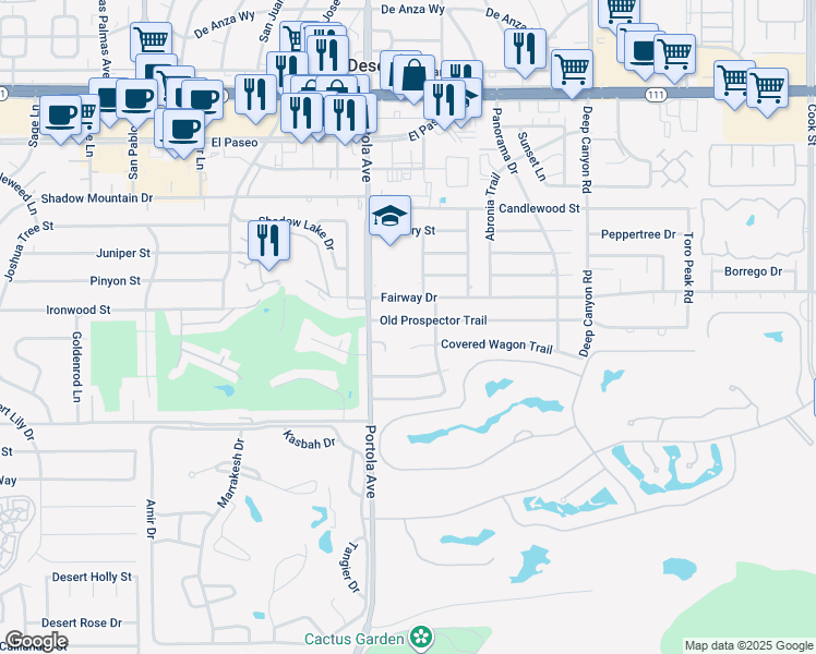 map of restaurants, bars, coffee shops, grocery stores, and more near 74085 Old Prospector Trail in Palm Desert