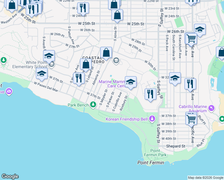 map of restaurants, bars, coffee shops, grocery stores, and more near 3609 South Parker Street in Los Angeles