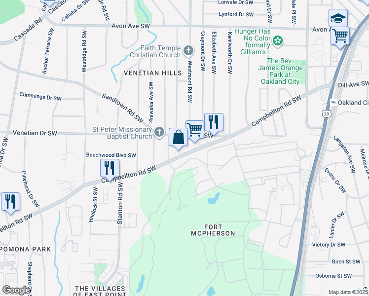map of restaurants, bars, coffee shops, grocery stores, and more near 1519 Campbellton Road Southwest in Atlanta