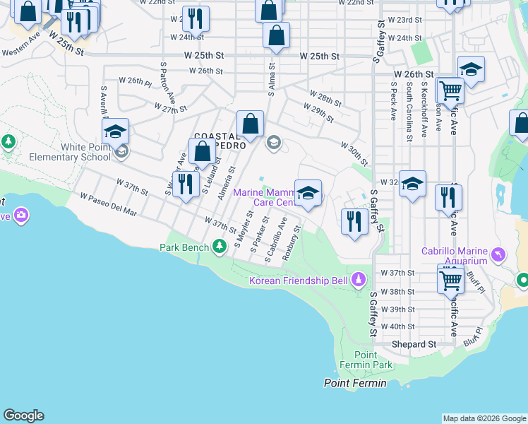 map of restaurants, bars, coffee shops, grocery stores, and more near 3609 South Parker Street in Los Angeles