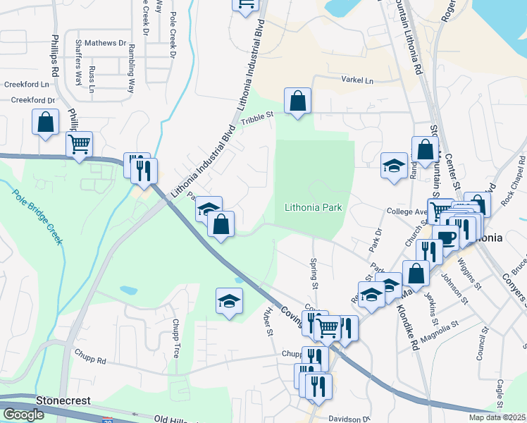 map of restaurants, bars, coffee shops, grocery stores, and more near 6670 Parkway Drive in Lithonia