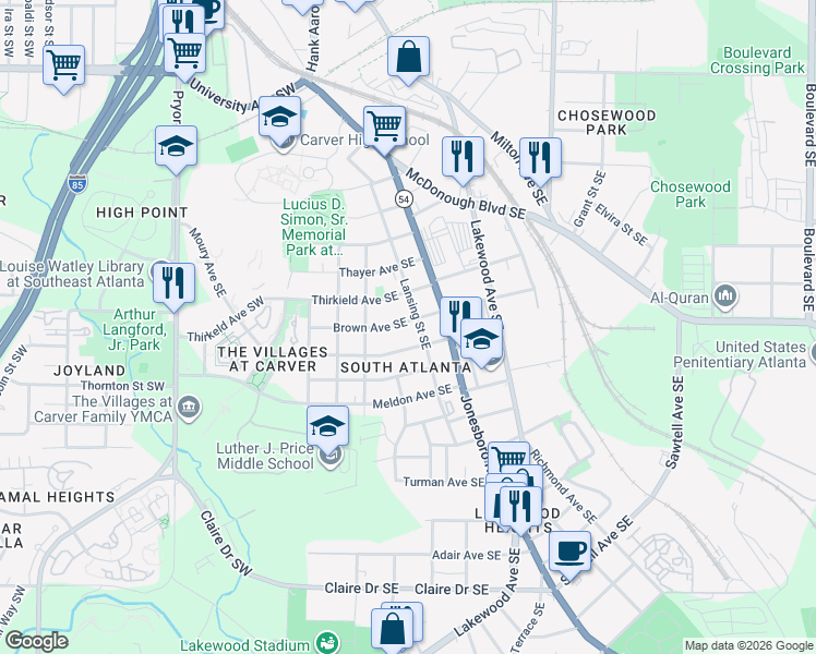 map of restaurants, bars, coffee shops, grocery stores, and more near 117 Brown Avenue Southeast in Atlanta