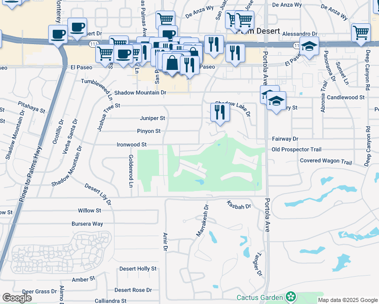 map of restaurants, bars, coffee shops, grocery stores, and more near 73607 18th Fairway Lane in Palm Desert