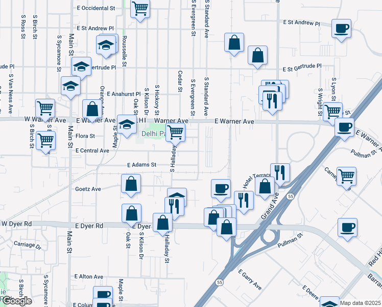 map of restaurants, bars, coffee shops, grocery stores, and more near 630 East Central Avenue in Santa Ana