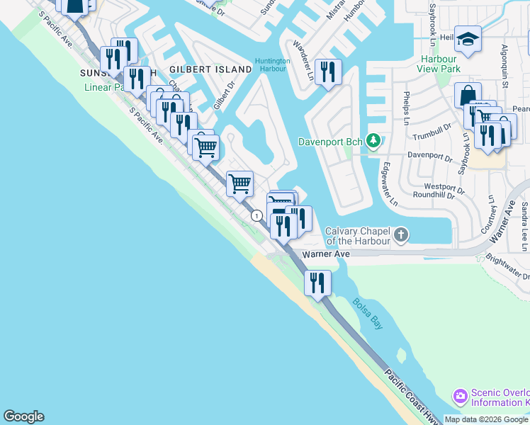 map of restaurants, bars, coffee shops, grocery stores, and more near 17082 Pacific Coast Highway in Huntington Beach