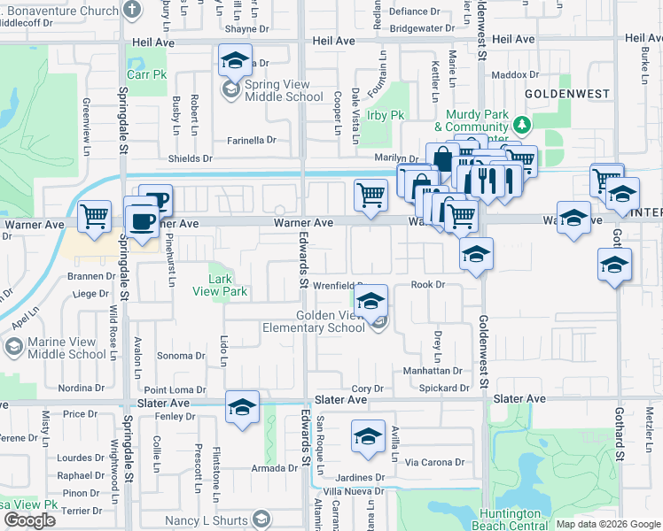 map of restaurants, bars, coffee shops, grocery stores, and more near 6600 Warner Avenue in Huntington Beach