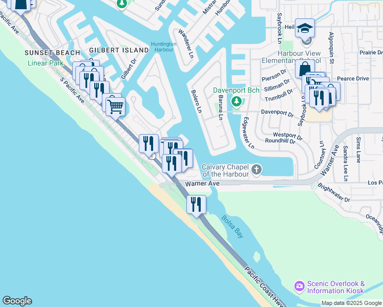 map of restaurants, bars, coffee shops, grocery stores, and more near 17114 Bluewater Lane in Huntington Beach