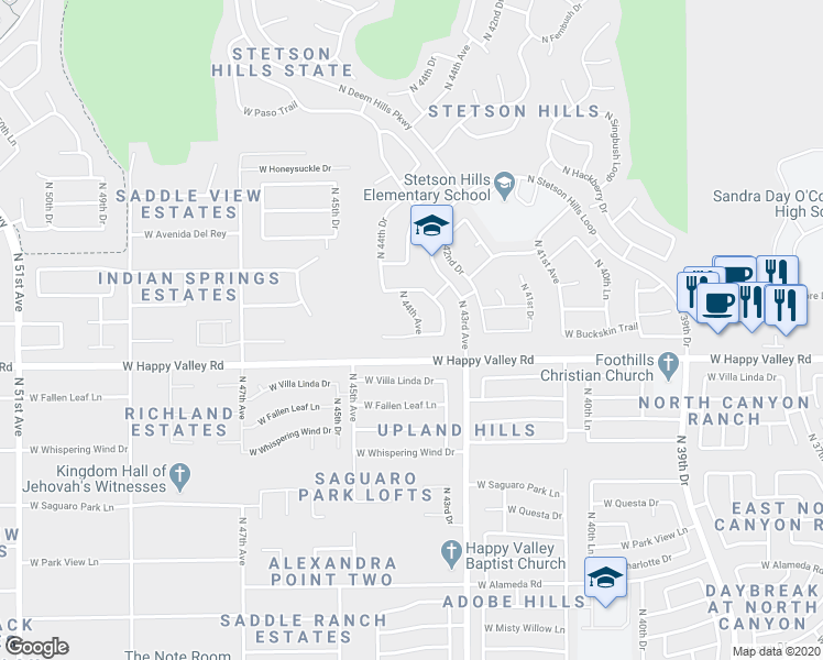 map of restaurants, bars, coffee shops, grocery stores, and more near 25024 North 44th Avenue in Phoenix