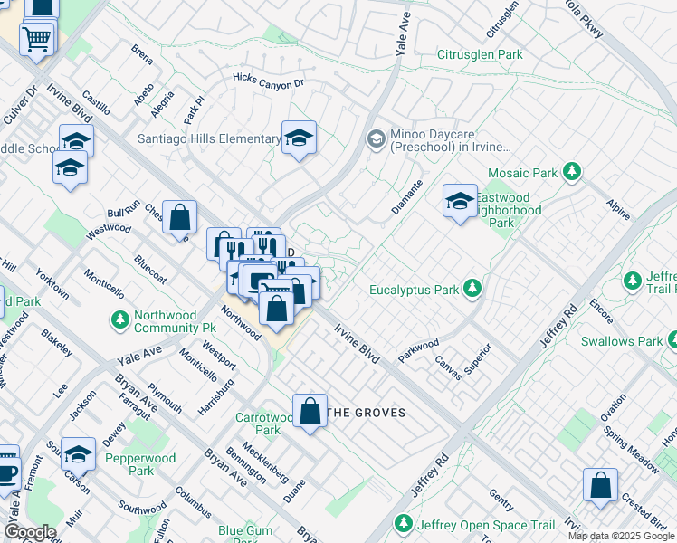 map of restaurants, bars, coffee shops, grocery stores, and more near 51 Streamwood in Irvine