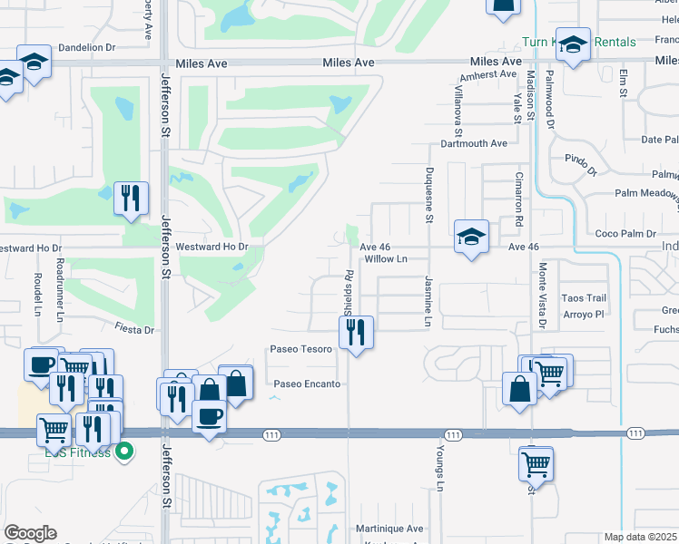 map of restaurants, bars, coffee shops, grocery stores, and more near 80469 Sandscript Court in Indio
