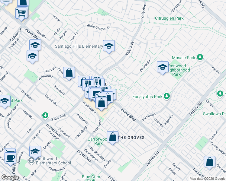 map of restaurants, bars, coffee shops, grocery stores, and more near 220 Park Place in Irvine