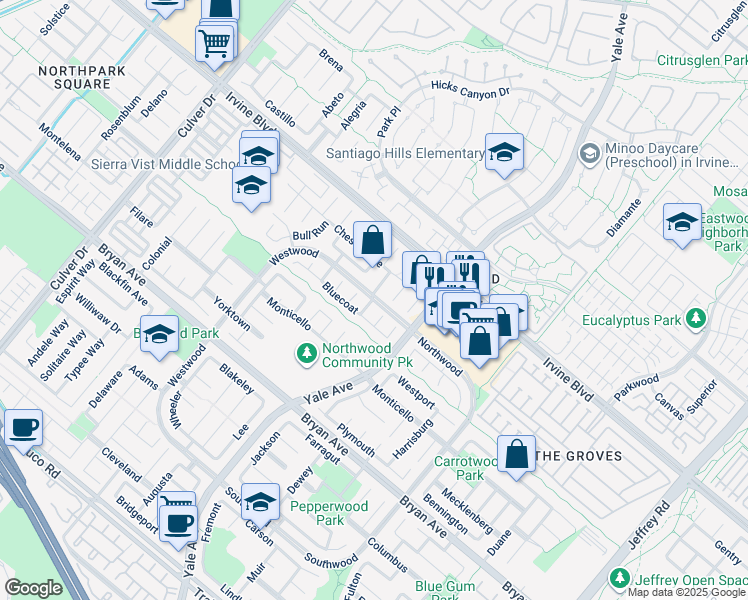 map of restaurants, bars, coffee shops, grocery stores, and more near 8 Meade in Irvine