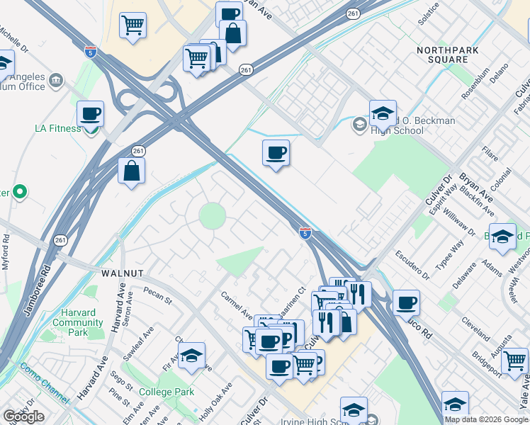 map of restaurants, bars, coffee shops, grocery stores, and more near 34 Nebraska in Irvine