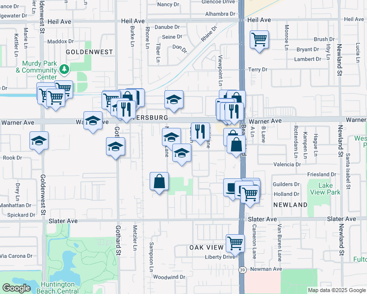 map of restaurants, bars, coffee shops, grocery stores, and more near 17102 Emerald Lane in Huntington Beach