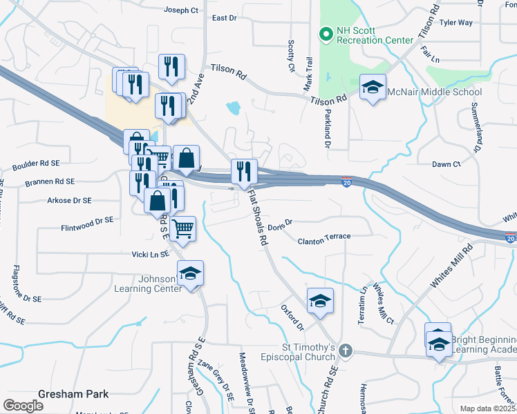 map of restaurants, bars, coffee shops, grocery stores, and more near 2576 Flat Shoals Road in Decatur