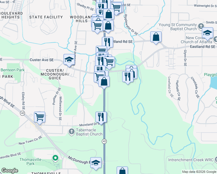 map of restaurants, bars, coffee shops, grocery stores, and more near 1316 Moreland Avenue Southeast in Atlanta