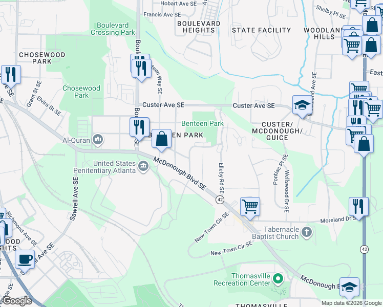 map of restaurants, bars, coffee shops, grocery stores, and more near 1398 Marion Street Southeast in Atlanta
