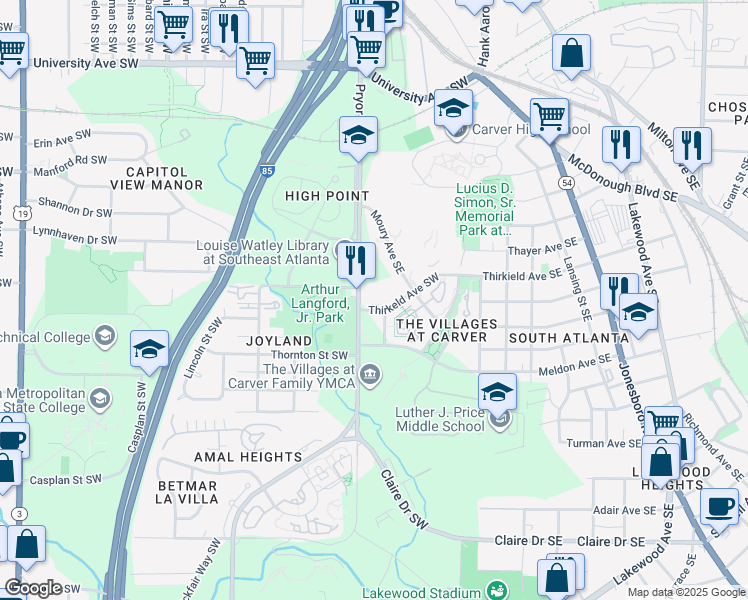 map of restaurants, bars, coffee shops, grocery stores, and more near 217 Thirkield Avenue Southwest in Atlanta