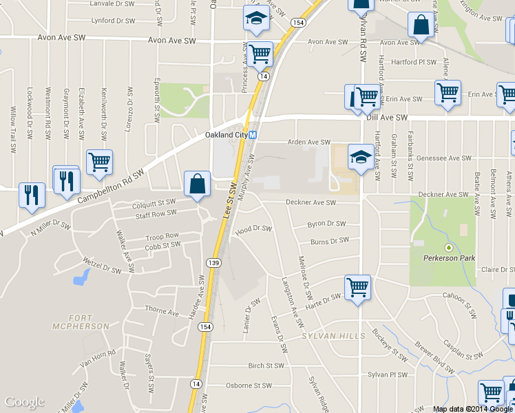 map of restaurants, bars, coffee shops, grocery stores, and more near 1497 Langston Avenue Southwest in Atlanta