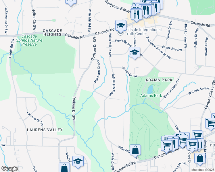 map of restaurants, bars, coffee shops, grocery stores, and more near 1527 Willis Mill Road Southwest in Atlanta