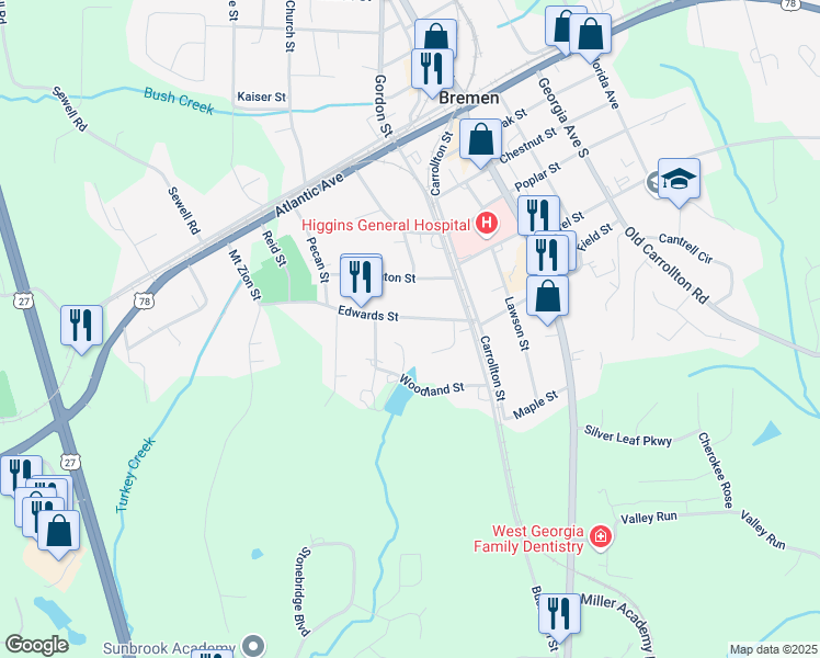 map of restaurants, bars, coffee shops, grocery stores, and more near 202 Edwards Street in Bremen
