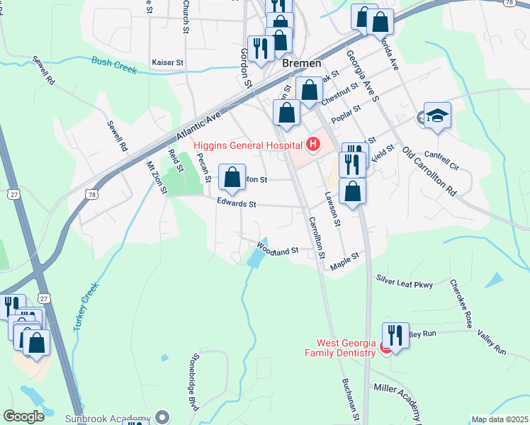 map of restaurants, bars, coffee shops, grocery stores, and more near 202 Edwards Street in Bremen