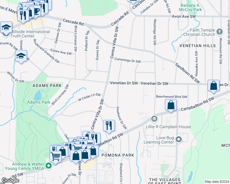 map of restaurants, bars, coffee shops, grocery stores, and more near 1537 Pinehurst Drive Southwest in Atlanta