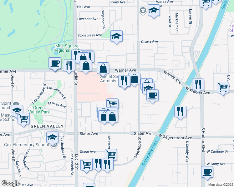 map of restaurants, bars, coffee shops, grocery stores, and more near 11360 Warner Avenue in Fountain Valley