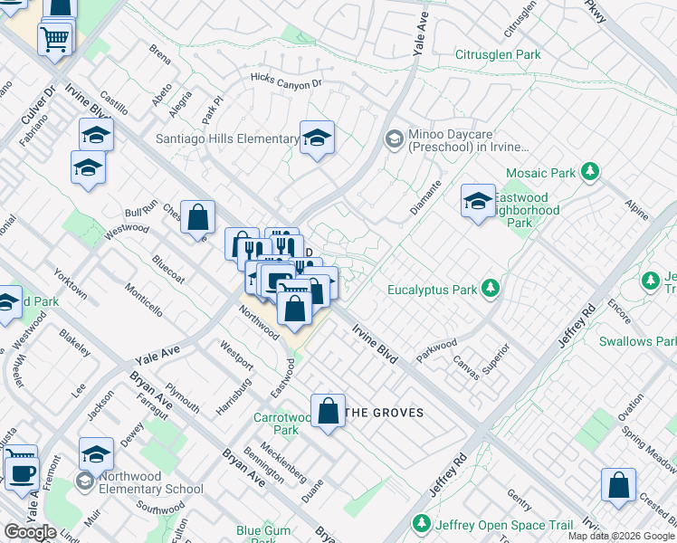 map of restaurants, bars, coffee shops, grocery stores, and more near 75 Streamwood in Irvine